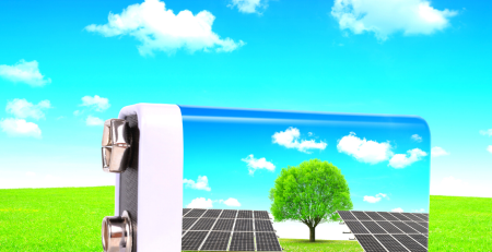 Battery with solar panels reflected in it