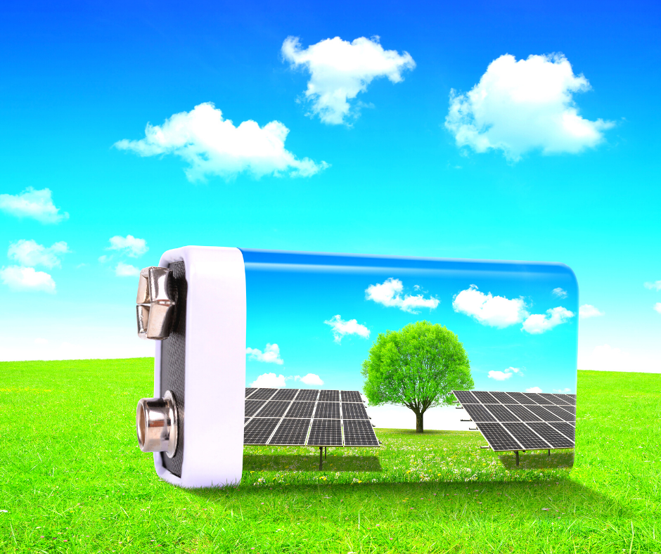 Battery with solar panels reflected in it
