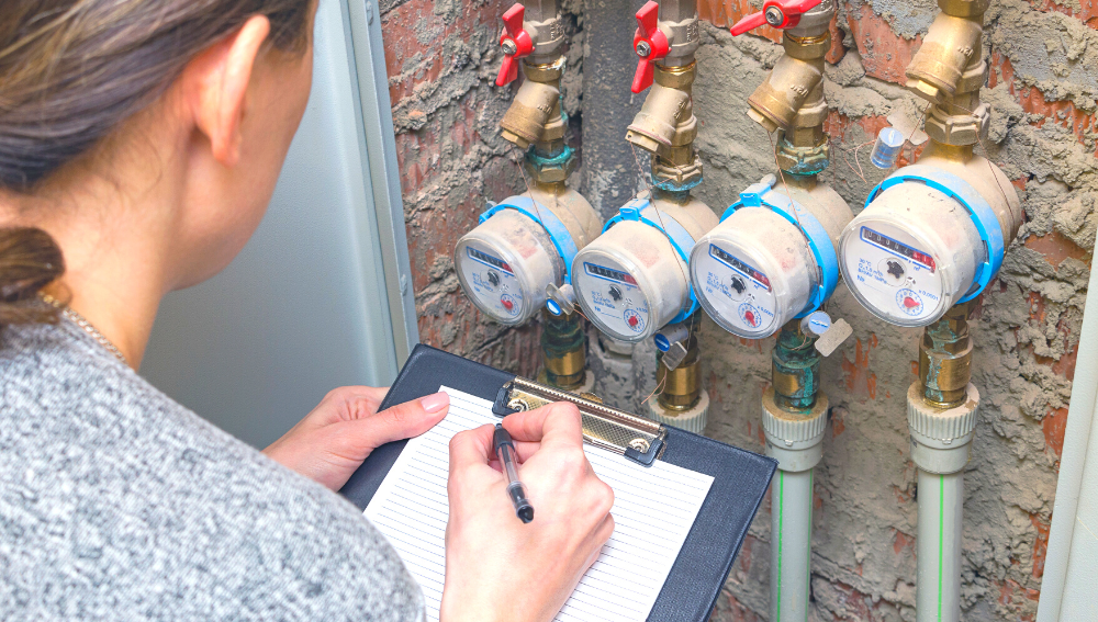 A woman taking a reading of water meters