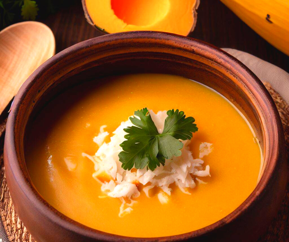 A bowl of butternut soup with coconut shavings and parsley garnish
