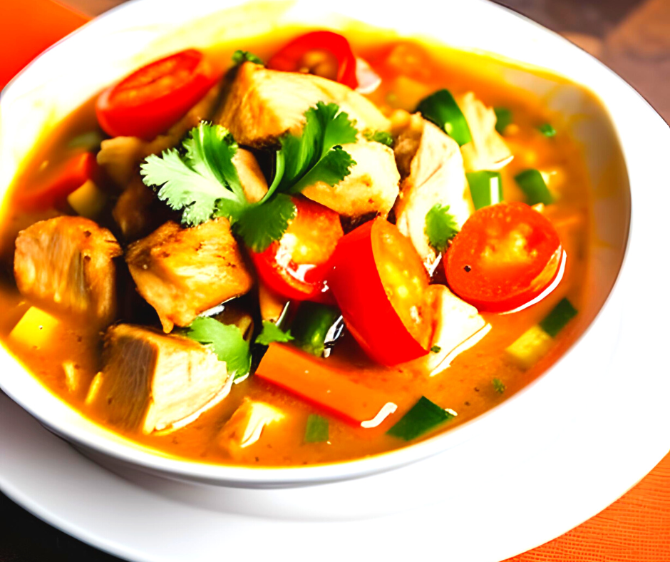 A bowl of chicken and vegetable soup with chunks of chicken, carrots, celery, tomato and parsley.
