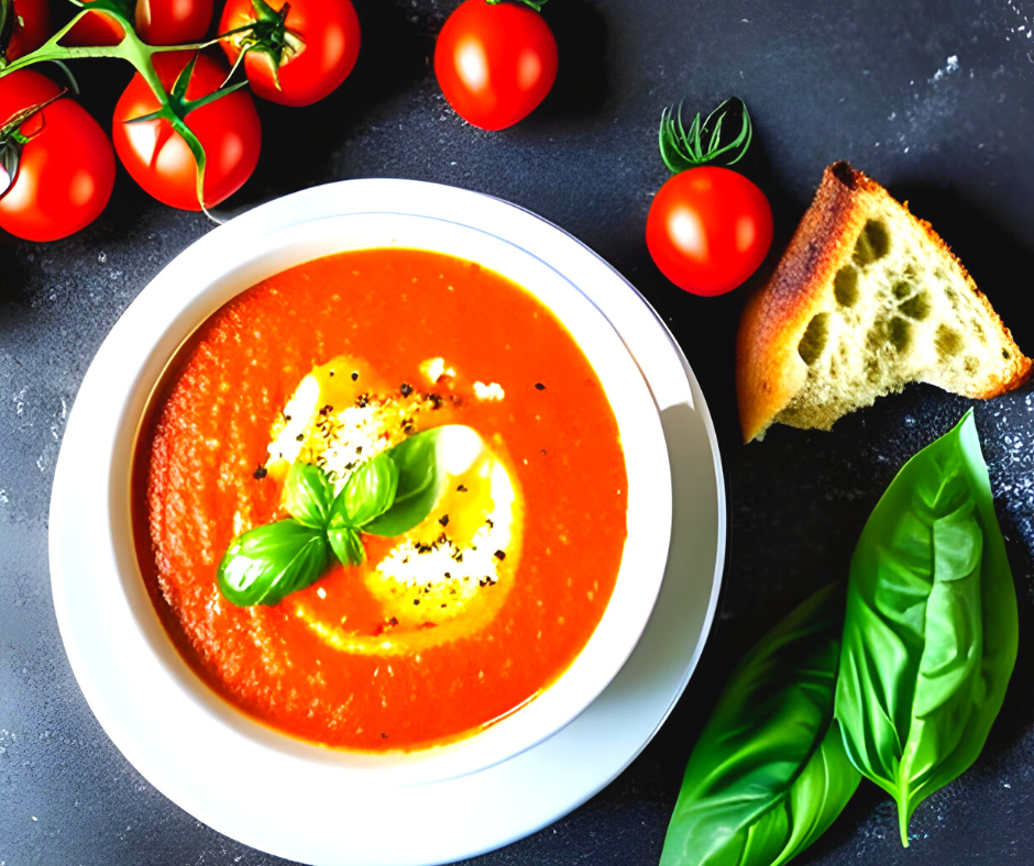 A bowl of tomato soup with cream and garnished with basil. A piece of crusty bread, tomatoes and basil leaves next to the bowl.