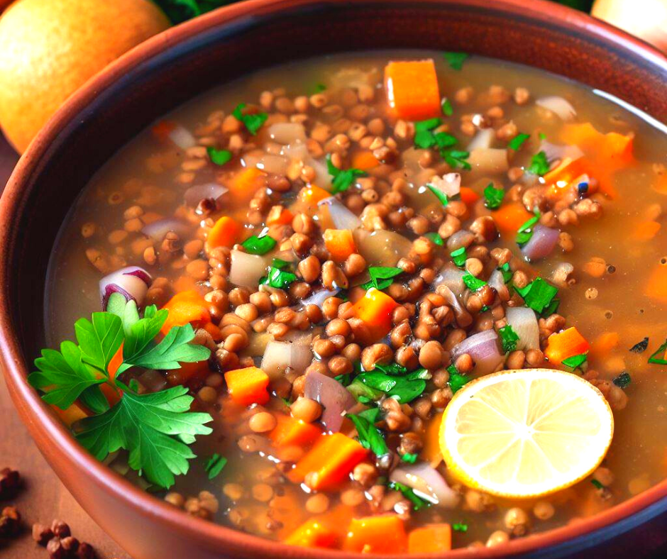 A bowl of winter soup with onions, carrots and celery. Garnished with parsley and a slice of lemon.