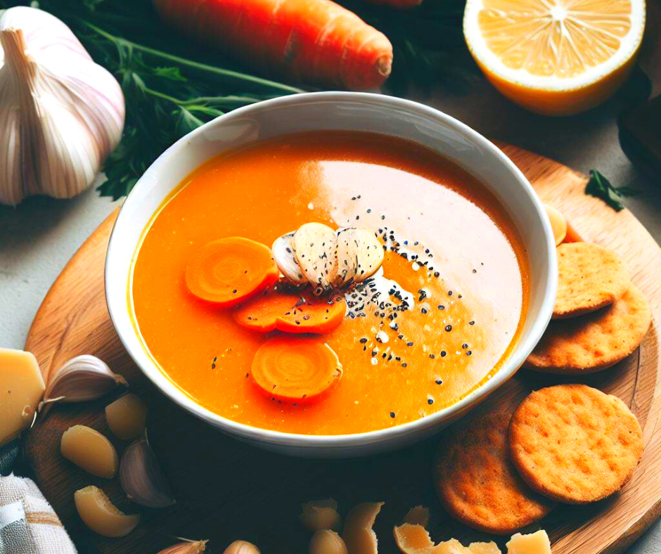 A bowl of carrot and ginger soup garnished with carrot and ginger slices. Served with crackers on the side.