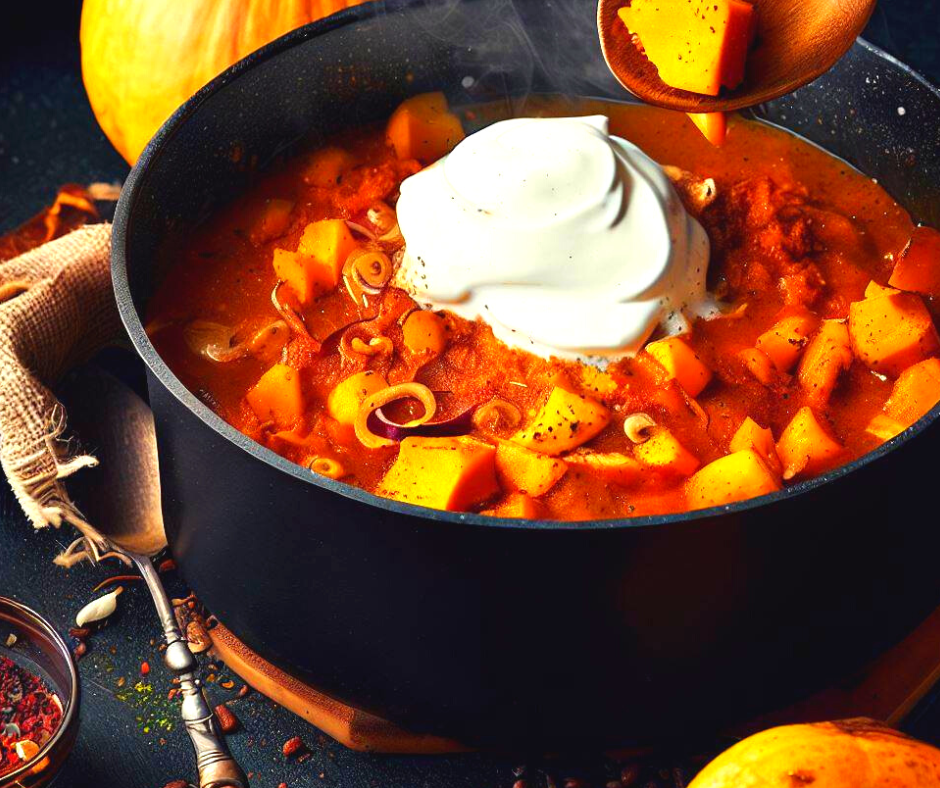 A bowl of chunky pumkin soup with a dollop of cream on top.