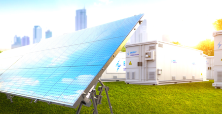 A large solar panel and battery energy storage container with high rise buildings in the background