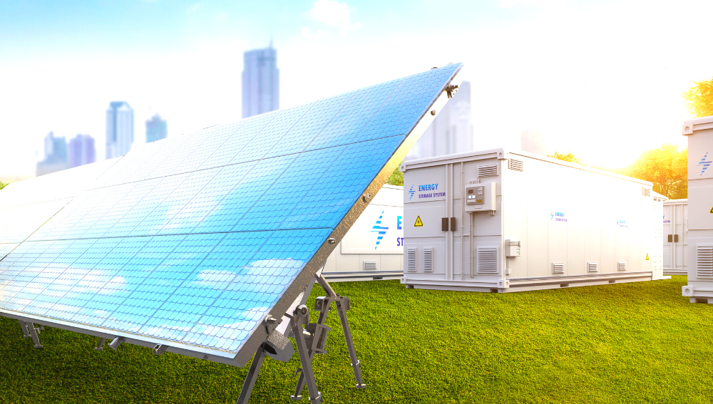 A large solar panel and battery energy storage container with high rise buildings in the background