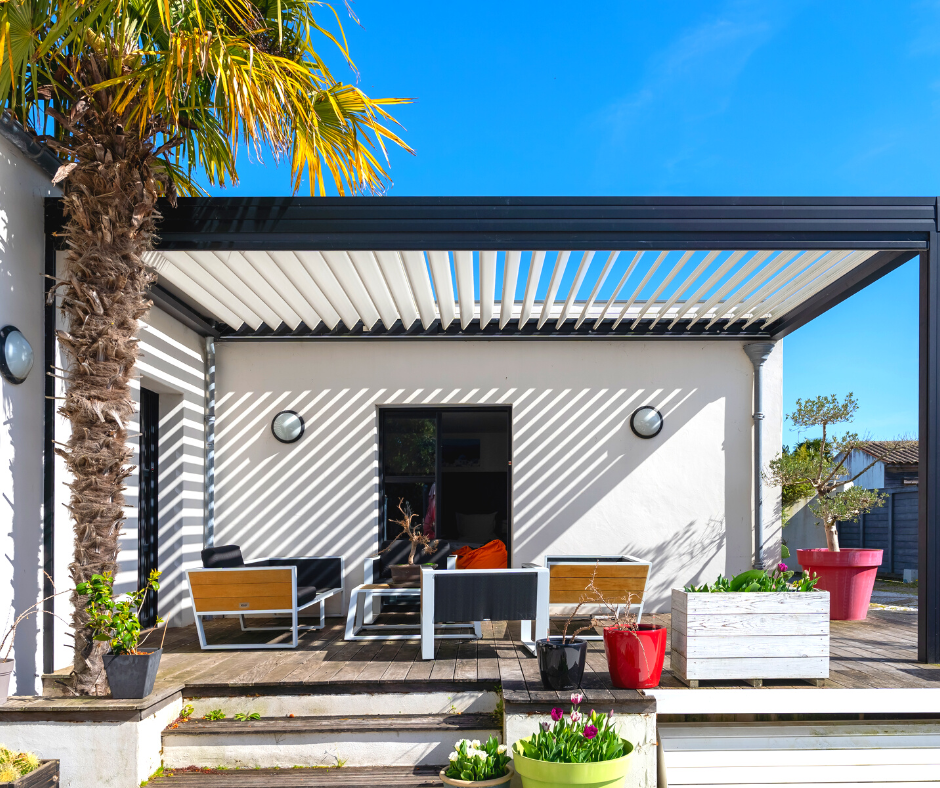 Pergola and patio with sun shining through the roof
